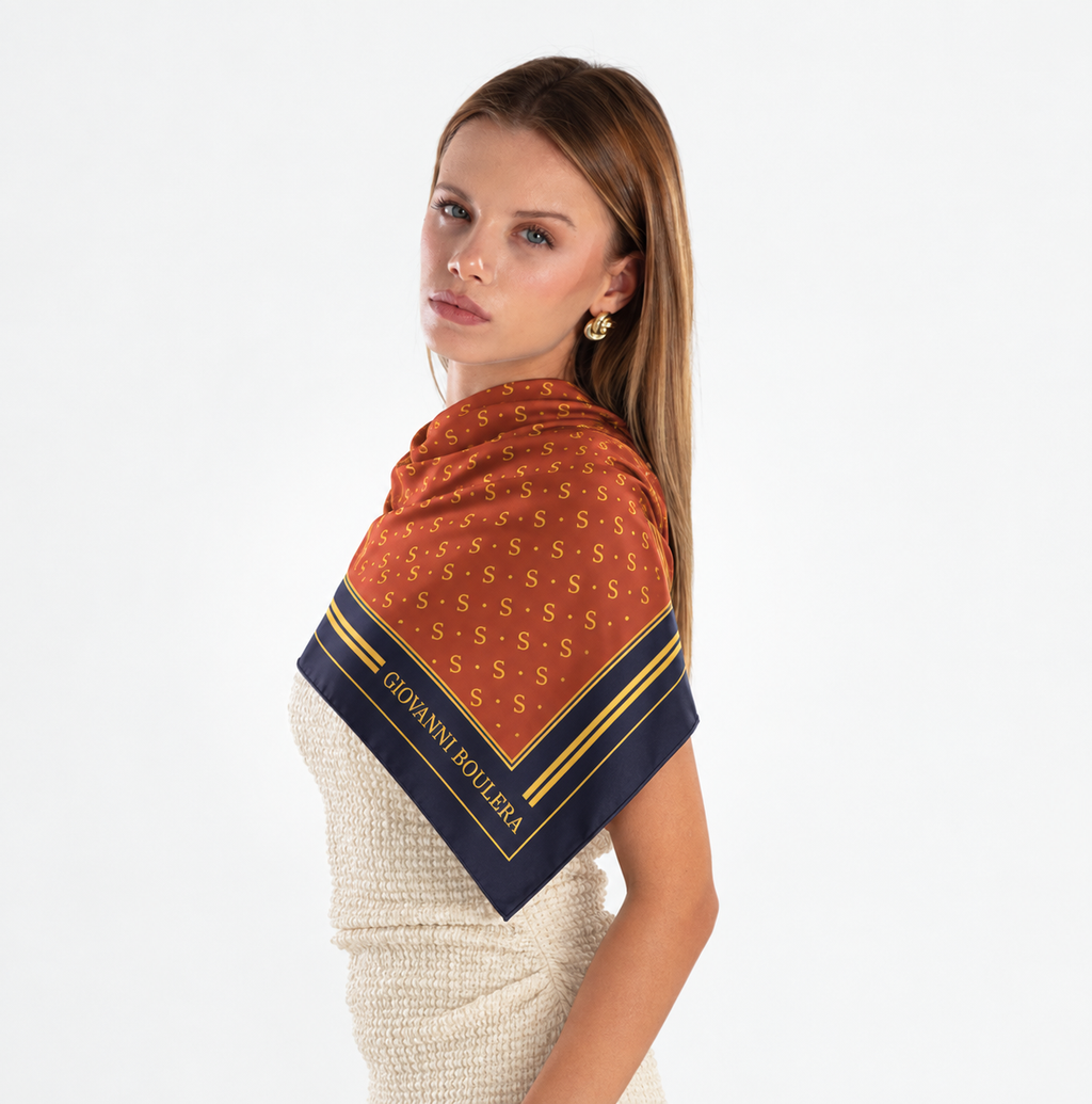 Giovanni Boulera Terracotta Monogram Desenli Mulberry Twill İpek Eşarp 90x90 cm