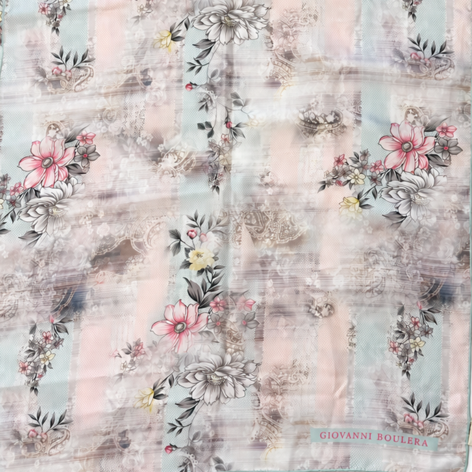 Giovanni Boulera Pudra Çiçek Bahçesi Desenli Mulberry Twill İpek Şal 200 cm x 65 cm