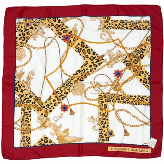 Giovanni Boulera Bordo Leopar Zincir Desenli Mulberry Twill İpek Eşarp 65x65 cm