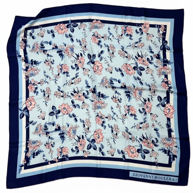 Giovanni Boulera Buz Mavisi Çiçek Desenli Mulberry Twill İpek Eşarp 65x65 cm