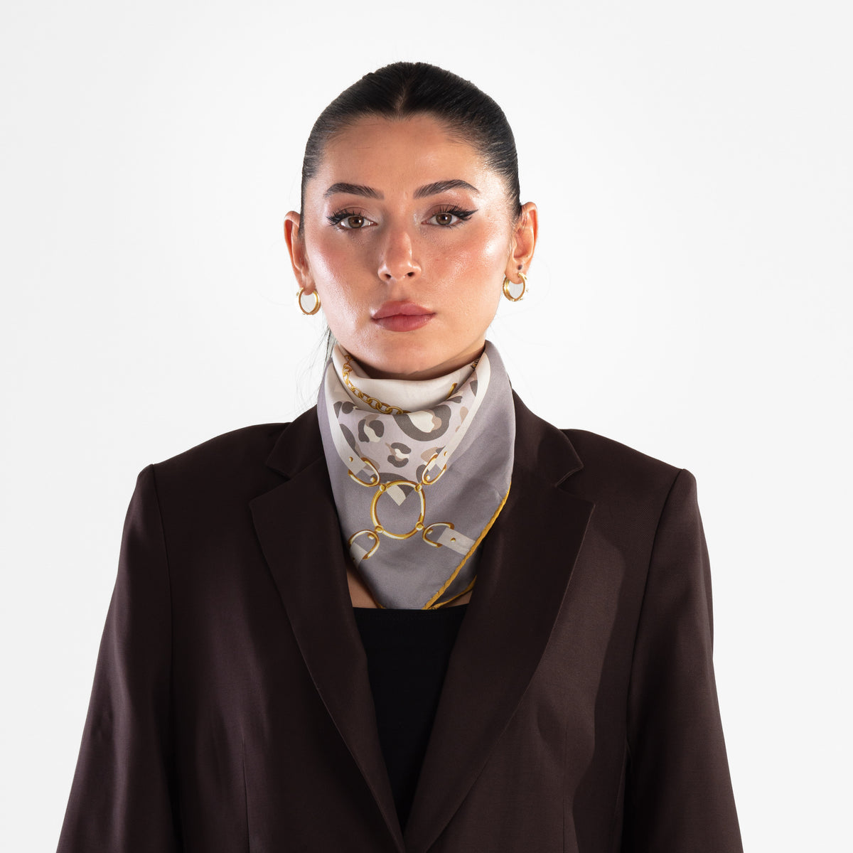 Giovanni Boulera Gri Leopar Zincir Desenli Mulberry Twill İpek Eşarp 65x65 cm