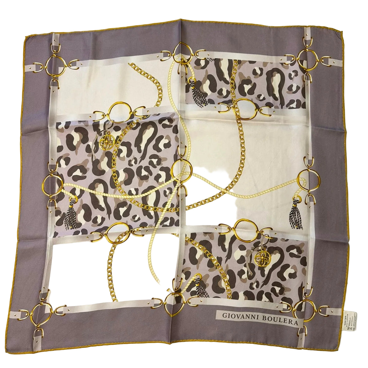 Giovanni Boulera Gri Leopar Zincir Desenli Mulberry Twill İpek Eşarp 65x65 cm