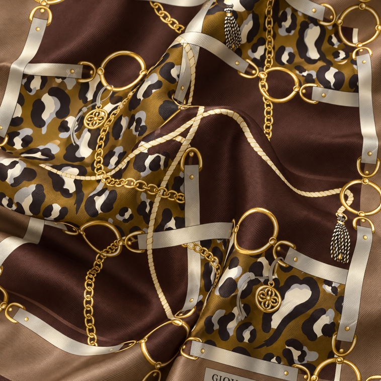 Giovanni Boulera Kahverengi Leopar Zincir Desenli Mulberry Twill İpek Eşarp 65x65 cm