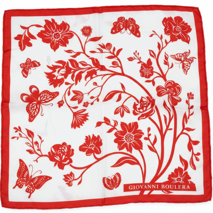 Giovanni Boulera Kırmızı Kelebek Bahçesi Mulberry Twill İpek Fular 50 cm x 50 cm