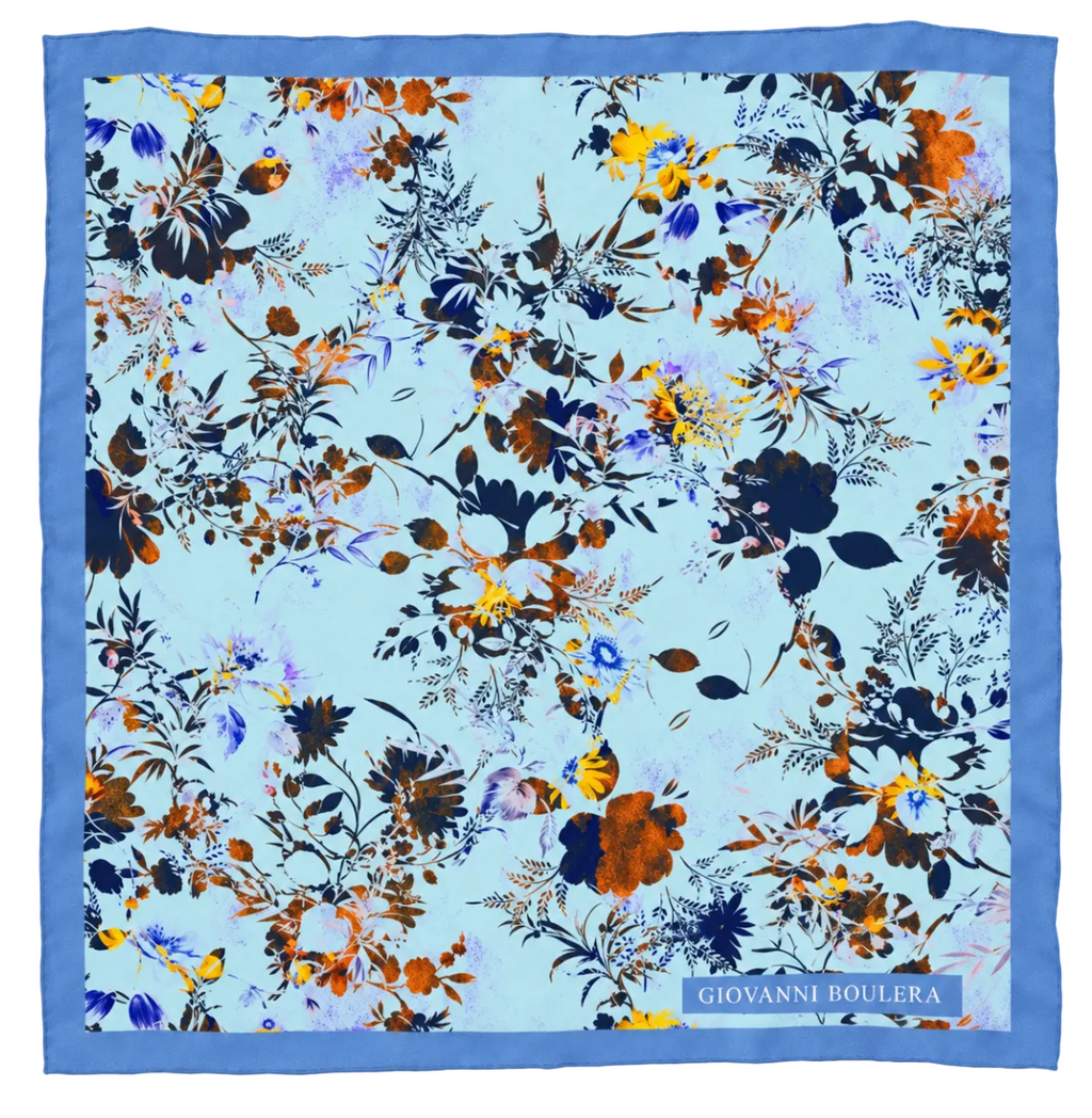 Giovanni Boulera Mavi Bahar Çiçekleri Desenli Mulberry Twill İpek Eşarp 65x65 cm