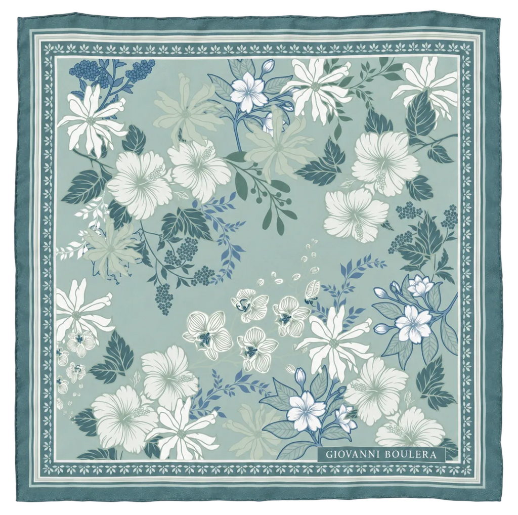 Giovanni Boulera Mavi Klasik Çiçek Desenli Mulberry Twill İpek Eşarp 65x65 cm