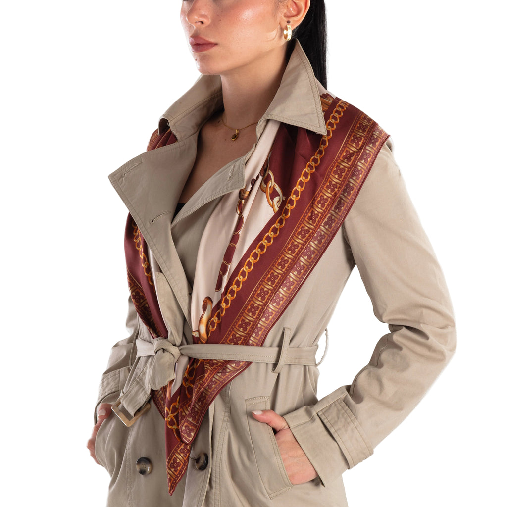 Giovanni Boulera Bordo Altın Zincir Desenli Mulberry Twill İpek Eşarp 90x90 cm