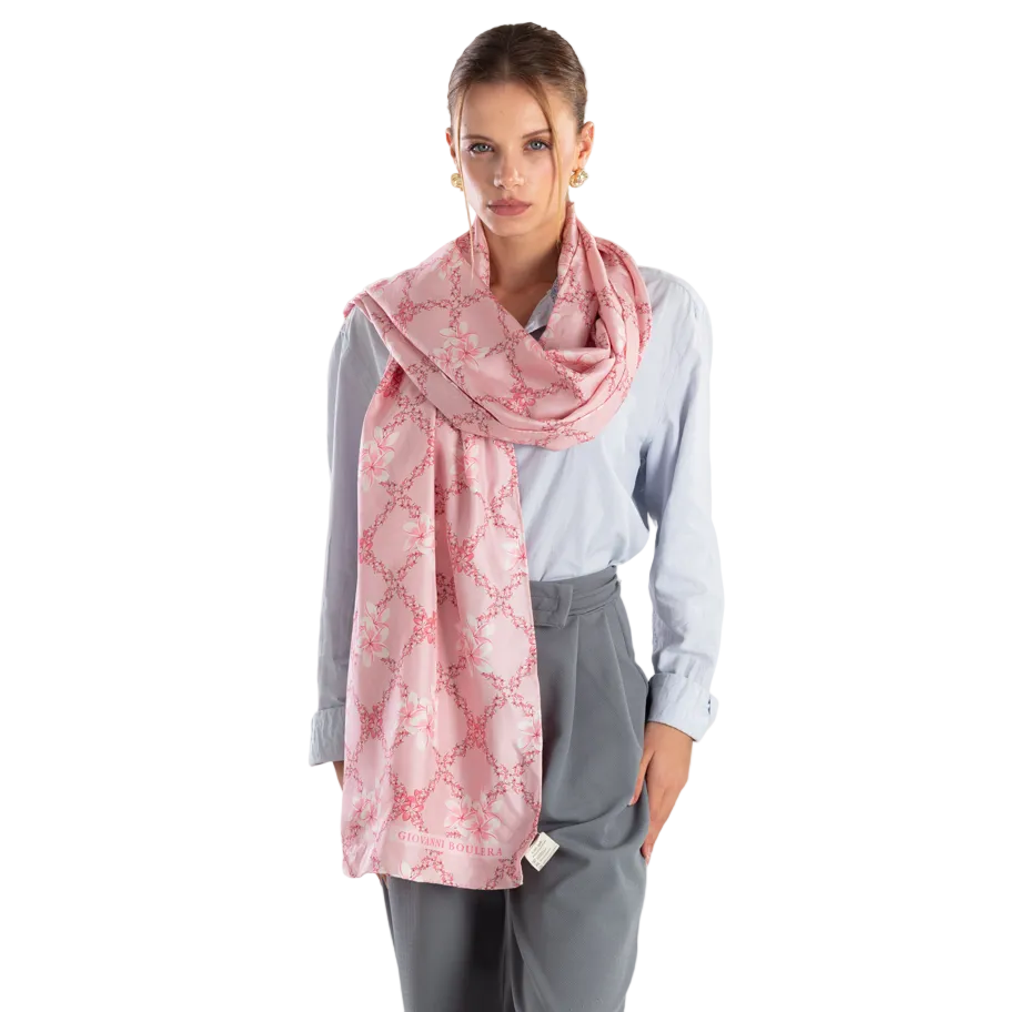 Giovanni Boulera Pembe Çiçek Desenli Mulberry Twill İpek Şal 200x65 cm
