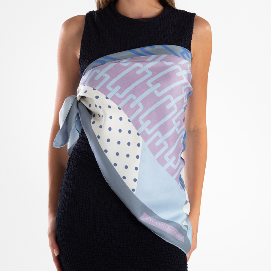 Giovanni Boulera Pastel Geometri Desenli Mulberry Twill İpek Eşarp 90x90 cm