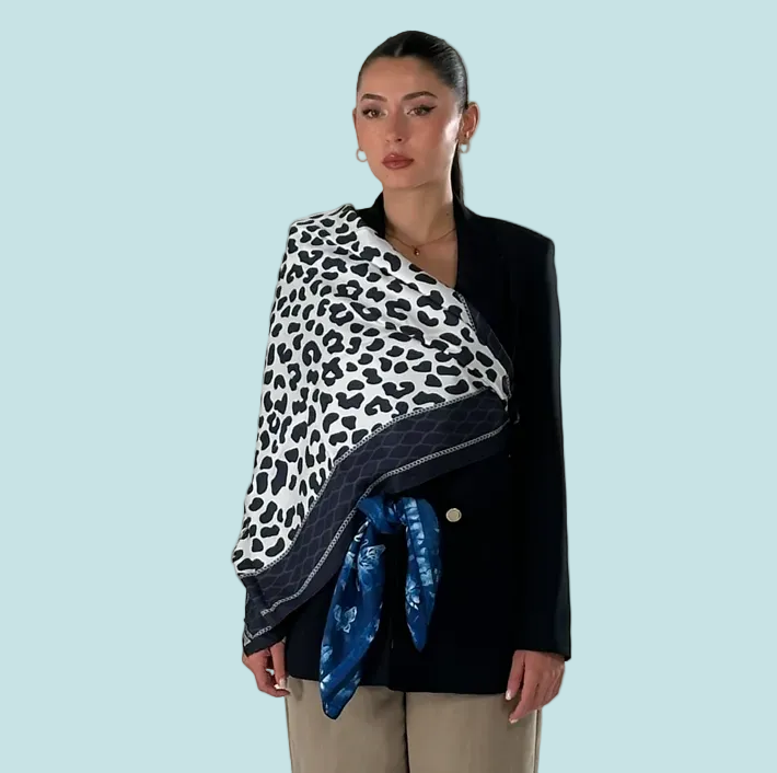 Giovanni Boulera Vahşi Zarafet Zebra ve Leopar Desenli Mulberry Twill İpek Eşarp 90x90 cm