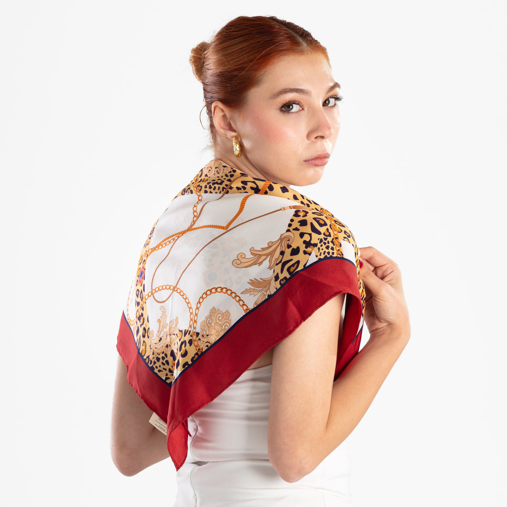 Giovanni Boulera Bordo Leopar Zincir Desenli Mulberry Twill İpek Eşarp 65x65 cm