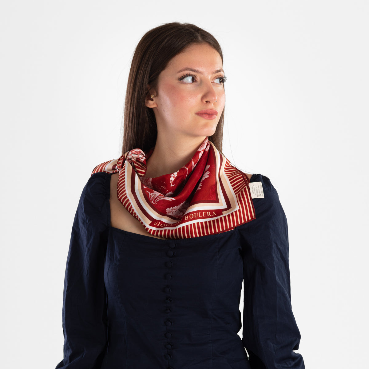 Giovanni Boulera Bordo Parçalı Çiçek Desenli Mulberry Twill İpek Eşarp 65x65 cm
