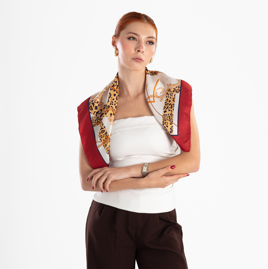 Giovanni Boulera Bordo Leopar Zincir Desenli Mulberry Twill İpek Eşarp 65x65 cm