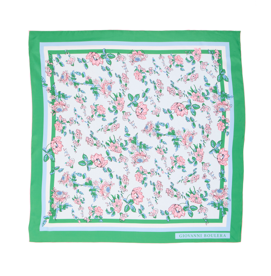 Giovanni Boulera Yeşil Bahçe Çiçekleri Desenli Mulberry Twill İpek Eşarp 90x90 cm