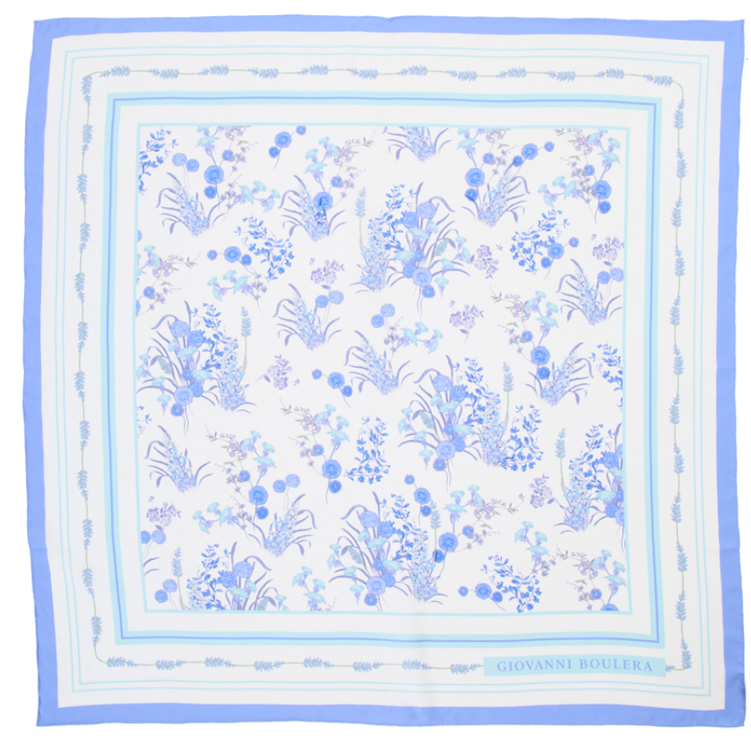 Giovanni Boulera Mavi Kır Çiçekleri Desenli Mulberry Twill İpek Eşarp 90x90 cm
