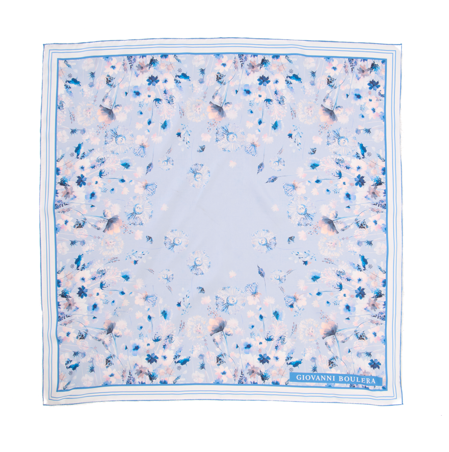 Giovanni Boulera Buz Mavisi Desenli Mulberry Twill İpek Eşarp 90x90 cm
