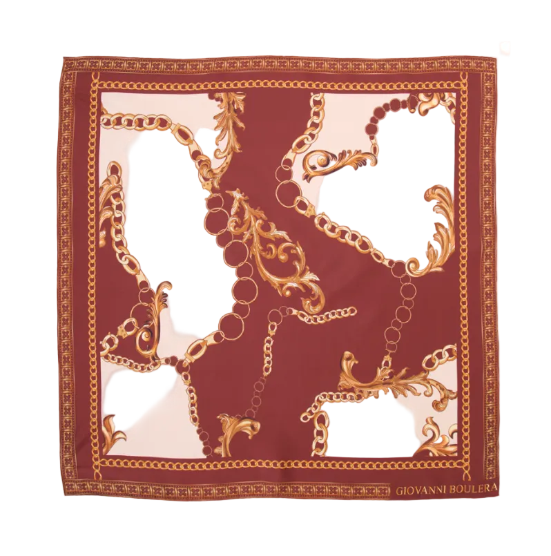 Giovanni Boulera Bordo Altın Zincir Desenli Mulberry Twill İpek Eşarp 90x90 cm