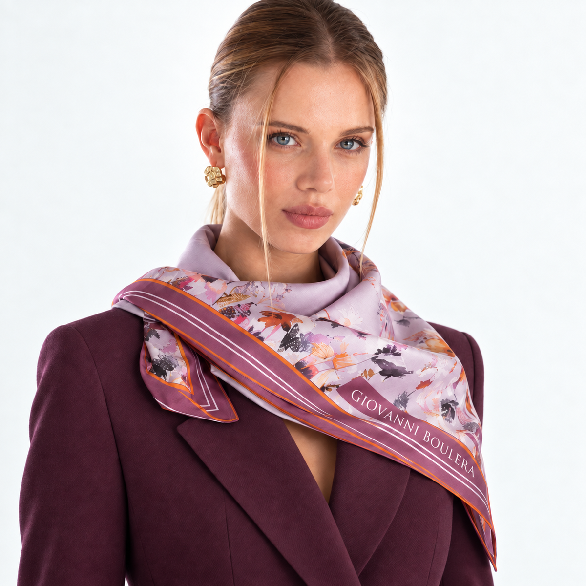 Giovanni Boulera Lila Çiçek Desenli Mulberry Twill İpek Eşarp 90 x 90 cm