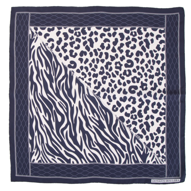 Giovanni Boulera Vahşi Zarafet Zebra ve Leopar Desenli Mulberry Twill İpek Eşarp 90x90 cm