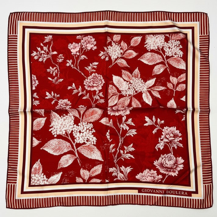Giovanni Boulera Bordo Parçalı Çiçek Desenli Mulberry Twill İpek Eşarp 65x65 cm