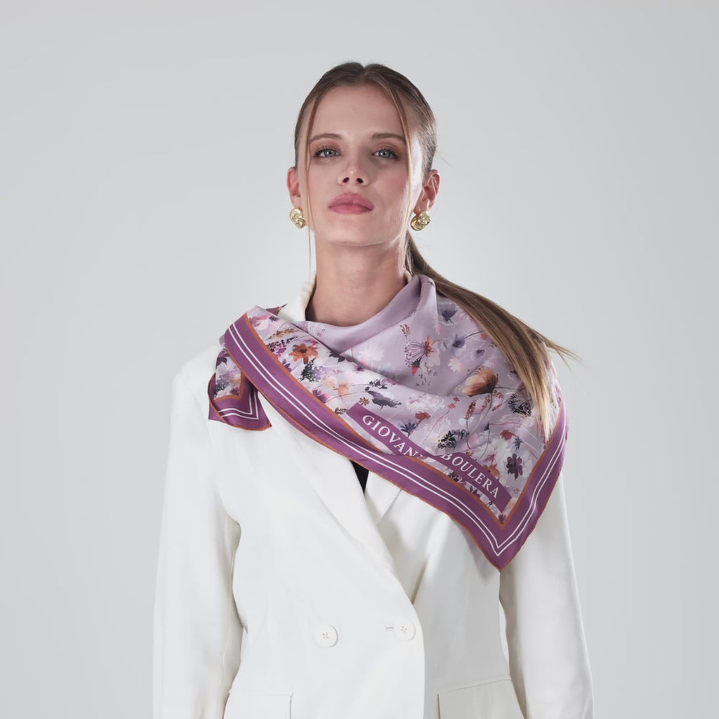 Giovanni Boulera Lila Çiçek Desenli Mulberry Twill İpek Eşarp 90 x 90 cm