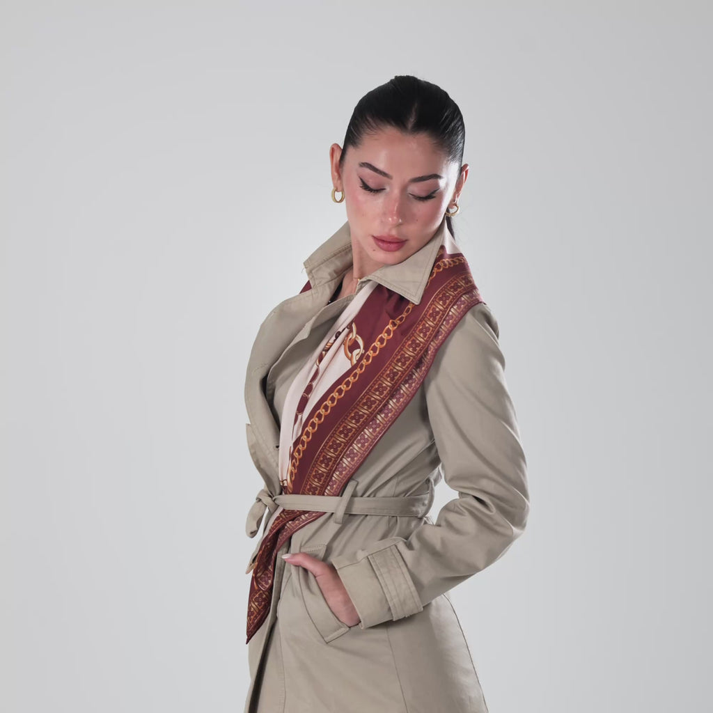 Giovanni Boulera Bordo Altın Zincir Desenli Mulberry Twill İpek Eşarp 90x90 cm